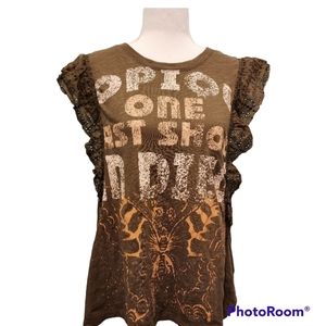 Anthropologie Boho Sleeveless Tee with Eyelet Ruffles and Butterfly Design